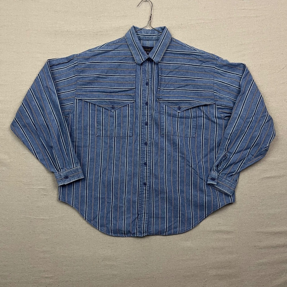 Vintage Panhandle Slim Mens Blue‎ Striped Brushpopper Western Button Up Shirt